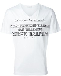 weißes bedrucktes T-Shirt mit einem V-Ausschnitt von Pierre Balmain