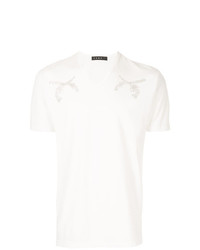 weißes bedrucktes T-Shirt mit einem V-Ausschnitt von Roar