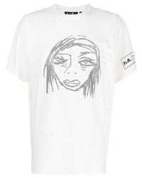 weißes beschlagenes T-Shirt mit einem Rundhalsausschnitt von Haculla