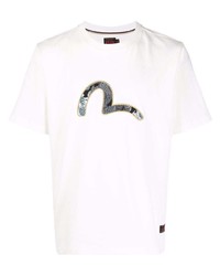 weißes besticktes T-Shirt mit einem Rundhalsausschnitt von Evisu