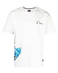 weißes besticktes T-Shirt mit einem Rundhalsausschnitt von Evisu