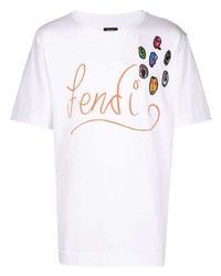 weißes besticktes T-Shirt mit einem Rundhalsausschnitt von Fendi