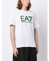 weißes besticktes T-Shirt mit einem Rundhalsausschnitt von Ea7 Emporio Armani