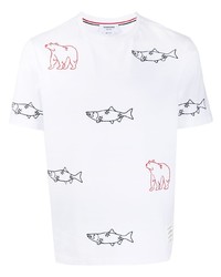 weißes besticktes T-Shirt mit einem Rundhalsausschnitt von Thom Browne