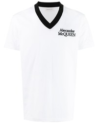 weißes besticktes T-Shirt mit einem V-Ausschnitt von Alexander McQueen