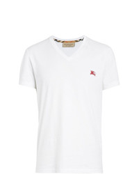 weißes besticktes T-Shirt mit einem V-Ausschnitt von Burberry