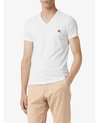weißes besticktes T-Shirt mit einem V-Ausschnitt von Burberry