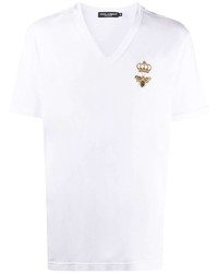 weißes besticktes T-Shirt mit einem V-Ausschnitt von Dolce & Gabbana