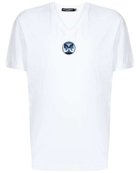 weißes besticktes T-Shirt mit einem V-Ausschnitt von Dolce & Gabbana