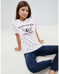 weißes gepunktetes T-Shirt mit einem Rundhalsausschnitt von Tommy Hilfiger
