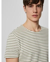 weißes horizontal gestreiftes T-Shirt mit einem Rundhalsausschnitt von Selected Homme