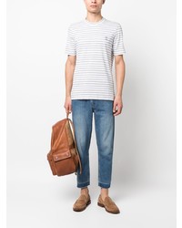 weißes horizontal gestreiftes T-Shirt mit einem Rundhalsausschnitt von Brunello Cucinelli