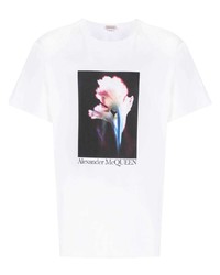 weißes T-Shirt mit einem Rundhalsausschnitt mit Blumenmuster von Alexander McQueen