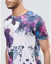 weißes T-Shirt mit einem Rundhalsausschnitt mit Blumenmuster von Siksilk