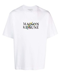 weißes T-Shirt mit einem Rundhalsausschnitt mit Blumenmuster von MAISON KITSUNÉ