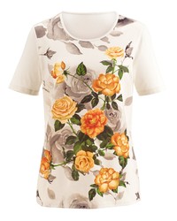weißes T-Shirt mit einem Rundhalsausschnitt mit Blumenmuster von PAOLA