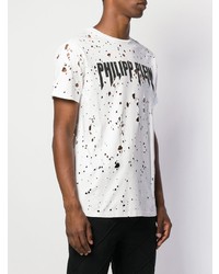 weißes T-Shirt mit einem Rundhalsausschnitt mit Destroyed-Effekten von Philipp Plein