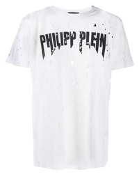 weißes T-Shirt mit einem Rundhalsausschnitt mit Destroyed-Effekten von Philipp Plein