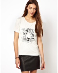weißes T-Shirt mit einem Rundhalsausschnitt mit Leopardenmuster von Selected