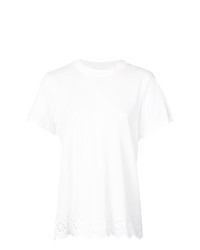 weißes T-Shirt mit einem Rundhalsausschnitt mit Lochstickerei