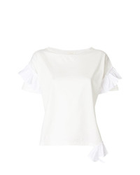 weißes T-Shirt mit einem Rundhalsausschnitt mit Rüschen von Semicouture