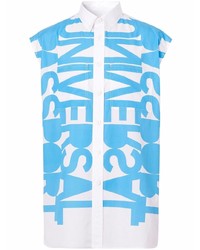 weißes und blaues bedrucktes Kurzarmhemd von Burberry