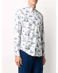 weißes und blaues bedrucktes Langarmhemd von Gitman Vintage