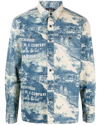 weißes und blaues bedrucktes Langarmhemd von Ralph Lauren RRL