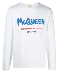 weißes und blaues bedrucktes Langarmshirt von Alexander McQueen