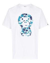 weißes und blaues bedrucktes T-Shirt mit einem Rundhalsausschnitt von A Bathing Ape