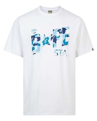 weißes und blaues bedrucktes T-Shirt mit einem Rundhalsausschnitt von A Bathing Ape