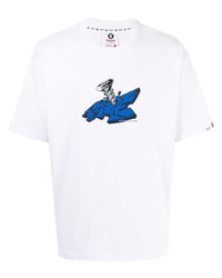 weißes und blaues bedrucktes T-Shirt mit einem Rundhalsausschnitt von AAPE BY A BATHING APE