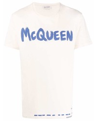 weißes und blaues bedrucktes T-Shirt mit einem Rundhalsausschnitt von Alexander McQueen
