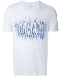 weißes und blaues bedrucktes T-Shirt mit einem Rundhalsausschnitt von Armani Exchange