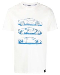 weißes und blaues bedrucktes T-Shirt mit einem Rundhalsausschnitt von Automobili Lamborghini