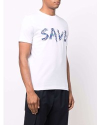 weißes und blaues bedrucktes T-Shirt mit einem Rundhalsausschnitt von Save The Duck
