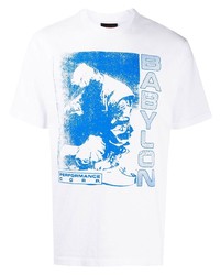 weißes und blaues bedrucktes T-Shirt mit einem Rundhalsausschnitt von Babylon LA