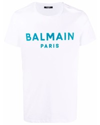 weißes und blaues bedrucktes T-Shirt mit einem Rundhalsausschnitt von Balmain