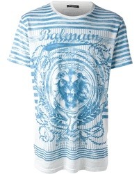weißes und blaues bedrucktes T-Shirt mit einem Rundhalsausschnitt von Balmain