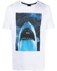weißes und blaues bedrucktes T-Shirt mit einem Rundhalsausschnitt von BOSS