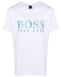 weißes und blaues bedrucktes T-Shirt mit einem Rundhalsausschnitt von BOSS
