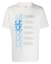 weißes und blaues bedrucktes T-Shirt mit einem Rundhalsausschnitt von C.P. Company