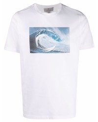 weißes und blaues bedrucktes T-Shirt mit einem Rundhalsausschnitt von Canali