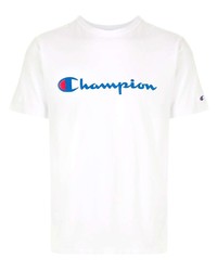 weißes und blaues bedrucktes T-Shirt mit einem Rundhalsausschnitt von Champion