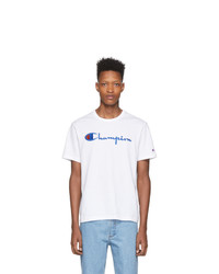 weißes und blaues bedrucktes T-Shirt mit einem Rundhalsausschnitt von Champion Reverse Weave