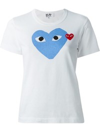 weißes und blaues bedrucktes T-Shirt mit einem Rundhalsausschnitt von Comme des Garcons
