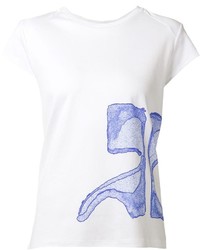 weißes und blaues bedrucktes T-Shirt mit einem Rundhalsausschnitt von Courreges