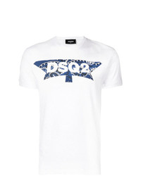 weißes und blaues bedrucktes T-Shirt mit einem Rundhalsausschnitt von DSQUARED2