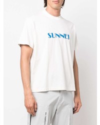 weißes und blaues bedrucktes T-Shirt mit einem Rundhalsausschnitt von Sunnei