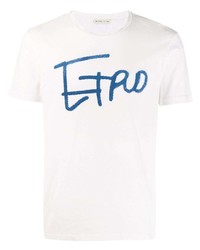 weißes und blaues bedrucktes T-Shirt mit einem Rundhalsausschnitt von Etro